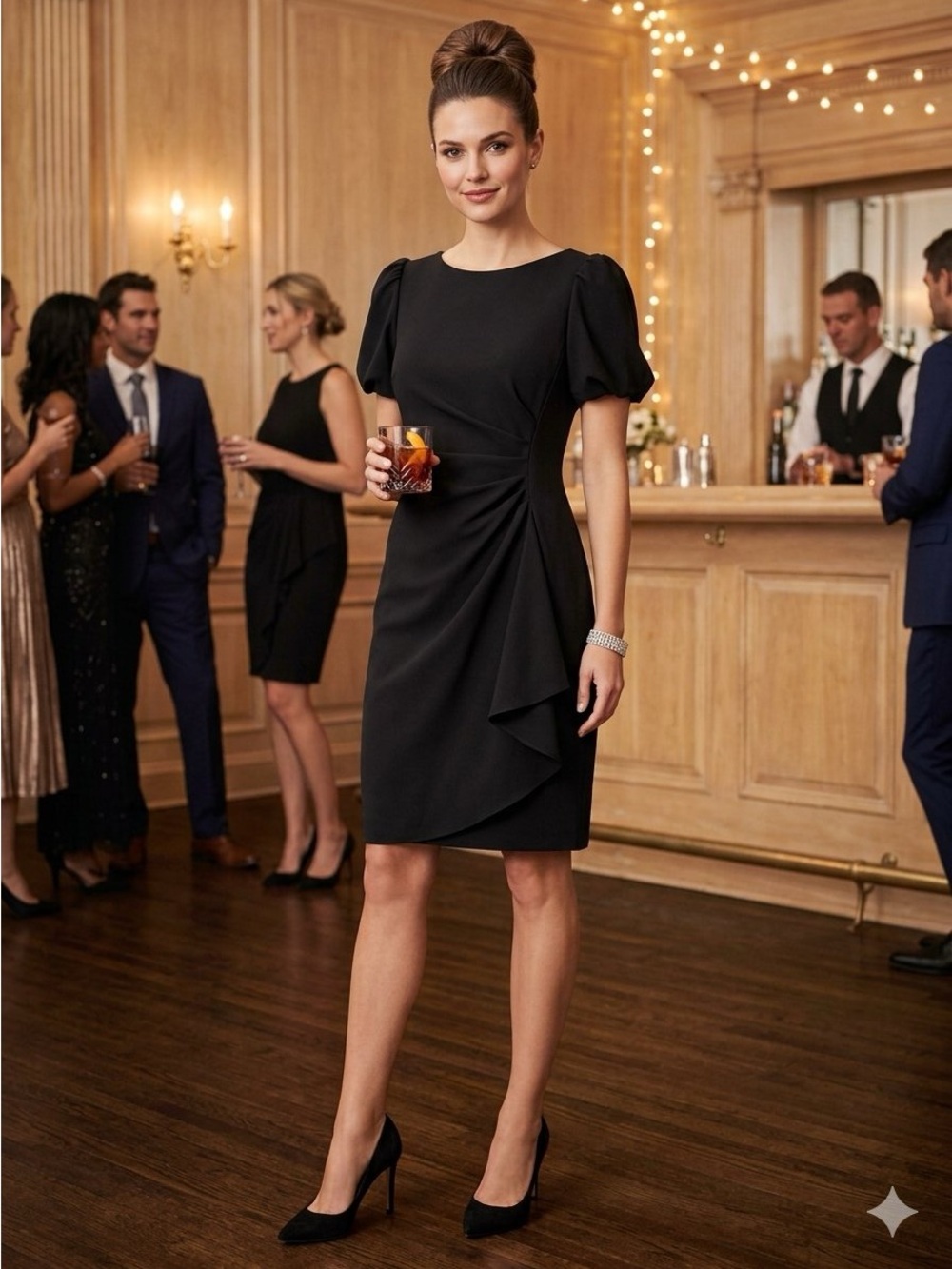 DKNY Formal Cocktail Black Puff-Sleeve Sheath Dress with Side Drape Size 10